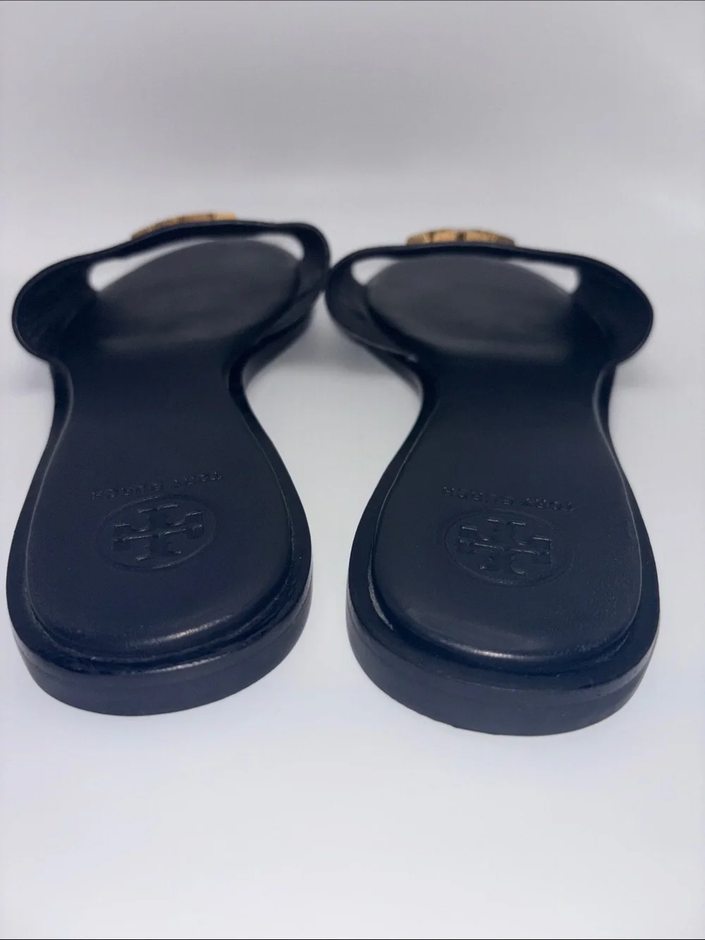 Tory Burch Black Leather Slide Sandals with Gold Logo